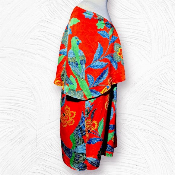 Y2K Designer Joy Han 100% Silk, Floral & Bird Print Red Dress - Picture 5 of 11